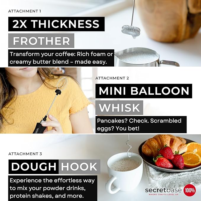 Secretbase USB C Rechargeable Milk Frother Handheld 3 Speed, USB Charging Cradle - Stainless Steel Whisk for Bulletproof Coffee, Espresso Whipper, Mini Electric Stirrer (Black Frother without Pitcher)