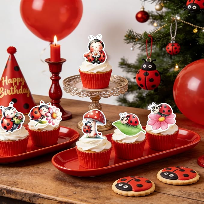 72PCS Edible Ladybug Cupcake Toppers Wafer Paper Flowers Insects Cake Decorations Picks for Baby Shower Kids Birthday Party Cake Decorations Supplies - Image 2