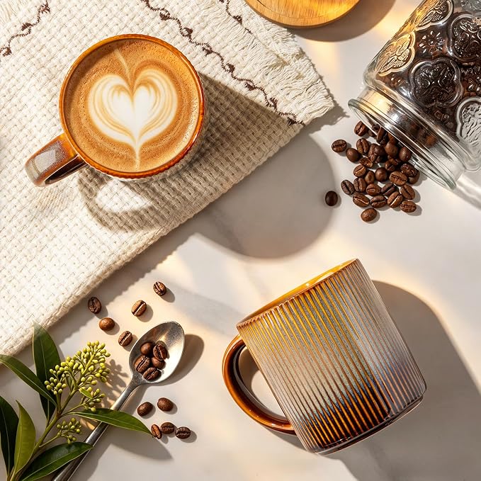 theterra Ceramic Coffee Mugs Set of 6, 14.2 oz Coffee Cups with Handle | Handmade, Suitable for Latte, Tea, Milk, Beer & Hot Cocoa, Creamy Amber - Image 2