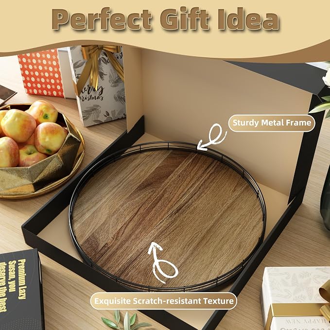 Acacia Wood 16" Lazy Susan Turntable Organizer for Table Top, Farmhouse Large Round Lazy Susan for Cabinet Kitchen Centerpieces Dining Table, for Condiments Charcuterie, Bathroom Vanity Tray Decor - Image 6