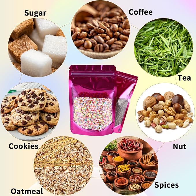 150 Pcs Mylar Bags for Food Storage, 5x8 Mylar Bag with Window Stand Up, Small Holographic Resealable Bags Smell Proof Bag Food Packaging for Small Business Freeze Dried Candy Jewelry Foil Packaging - Image 4