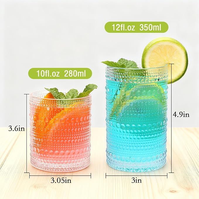 Hobnail Drinking Glasses, Tumbler Glassware, Set of 12 | 10 oz Cocktail Glasses & 12 oz Highball Glasses, Glass Cups for Whiskey, Juice, Home, Bar & Kitchen, Dishwasher Safe - Image 2