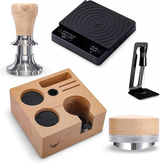 58mm Tamper Set Maple Handle Tamper, Espresso Organizer Station, Stainless Distribution Tool, WDT Prep Tool & Rechargeable Coffee Scale