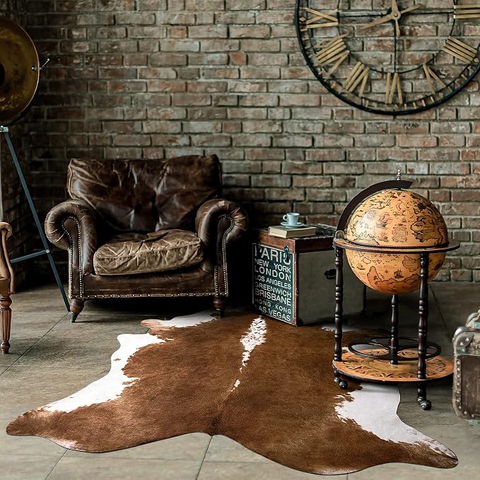 Amearea Faux Cow Hide Rug 5.2x4.6, Vintage Western Home Decor Cow Print Rug | Faux Leather Animal Cowhide Carpet for Living Room Bedroom, Dining Traditional Cow Print Stuff Carpets, Khaki - Image 2