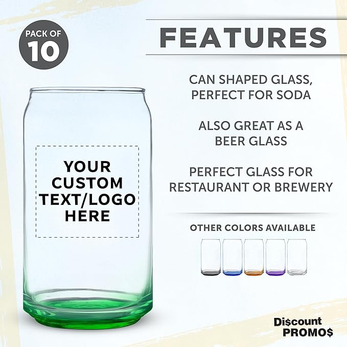 Custom Beer Can Glasses Set of 10, 16 oz. Pint Sized, Promotional Text, Logo, Soda Can Shape, Glassware, Green