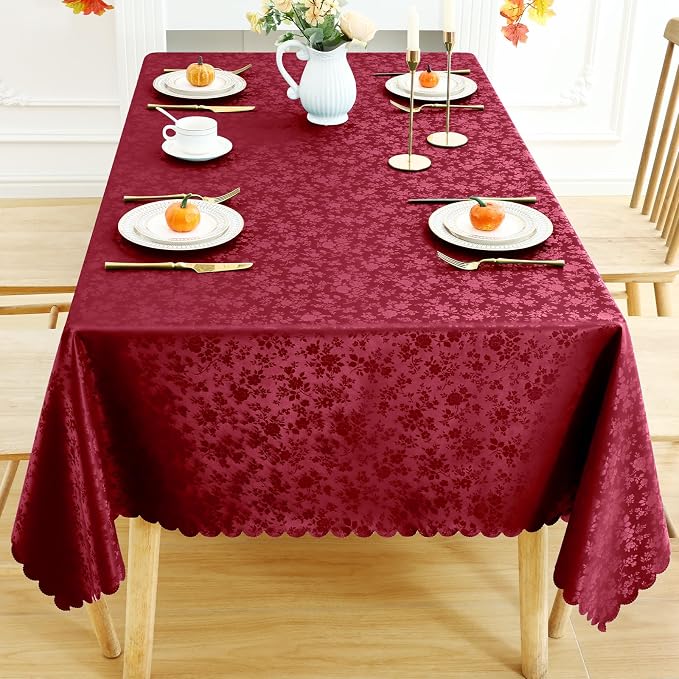 smiry Waterproof Vinyl Tablecloth, Rectangle Heavy Duty Table Cloth, Wipeable Table Cover for Kitchen and Dining Room (Red, 60X102 Inch) | Wipeable Washable Floral Embossed Table Cover for Kitchen and Dining Room, Indoor & Outdoor Use, Wine Red - Image 2
