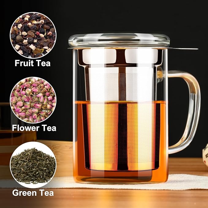 PARACITY Tea Cup, Borosilicate Clear Tea Mug with Removable Stainless Steel Infuser and Lid, Tea Cup 15oz/450ml Stove Safe, Glass Teas Cups for Loose Tea, Gift for Family and Friends