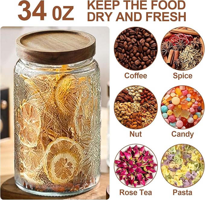 2-Pack 34 OZ Vintage Glass Jar with Lid, Airtight Food Storage Canisters with Bamboo for Kitchen Counter Pantry, Ideal for Coffee, Candy, Tea, Oats, Sugar, Cookies Decorative Jars - Image 3