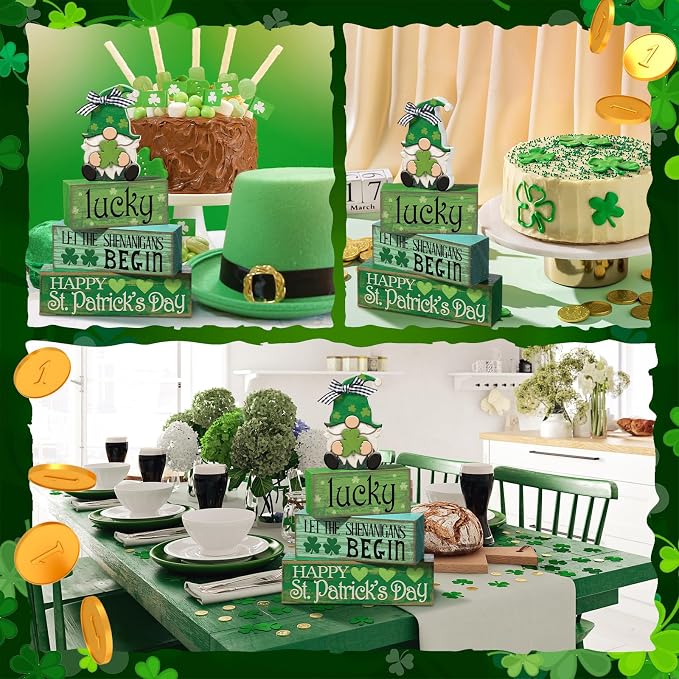Moucuny 4 Pcs St. Patrick's Day Table Decoration Irish Tiered Tray Decor Wooden Gnome Shamrocks Block Signs Happy St. Patrick's Day Centerpiece for Tables Irish Wooden Sign for Home Decor - Image 6