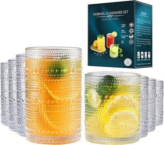ISMASOAN Vintage Hobnail Drinking Glasses Set of 8, 14oz &12oz Cocktail Cup | Beaded glassware with vintage bubble texture. Highball cups for kitchen use, whiskey, juice, water, beer and daily drinks by ISMASOAN