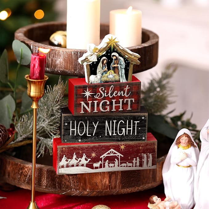 Moucuny 4 Pcs Christmas Table Decor Wooden Christian Religious Decoration Nativity Scene Centerpiece Holy Night Tiered Tray Decor Red and Black Buffalo Plaid Block Signs Xmas Decoration for Kitchen - Image 3