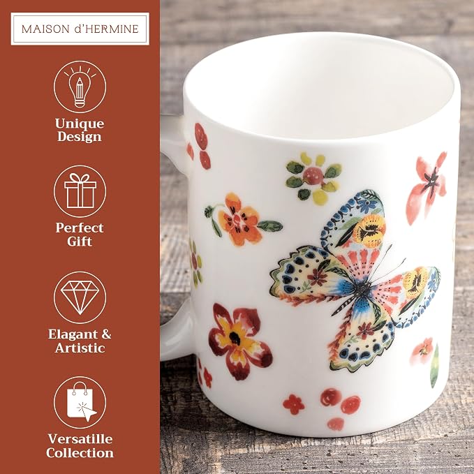 Maison d' Hermine Coffee Mug with Handles Tea Cups (15 Ounce, Pack of 1) | Fine Bone China Coffee Mugs for Hot Beverages Cappuccino Latte Home Spring Summer -Happy Florals - High Summer Butterfliess - Image 2