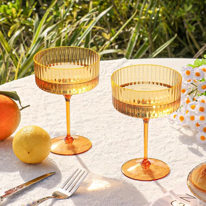 24 PCS Ribbed Coupe Glasses Amber Plastic Champagne Coupe Cup 10oz Detachable Gold Rim Espresso Martini Glass Vintage Margarita Glassware Cocktail Glass Disposable for Thanksgiving Wedding - Image 2