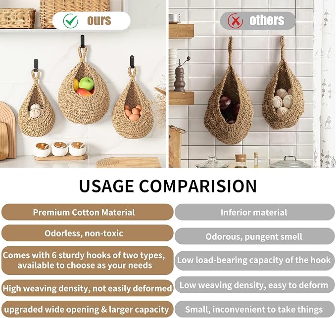 Boho Wall Hanging Fruit Baskets for Kitchen 3 Pack Woven Produce Holder with 6 Pcs Strong Hooks Vegetable Hanging Basket for Organizing Teardrop Home Wall Potato Onion Storage, Linen - Image 3