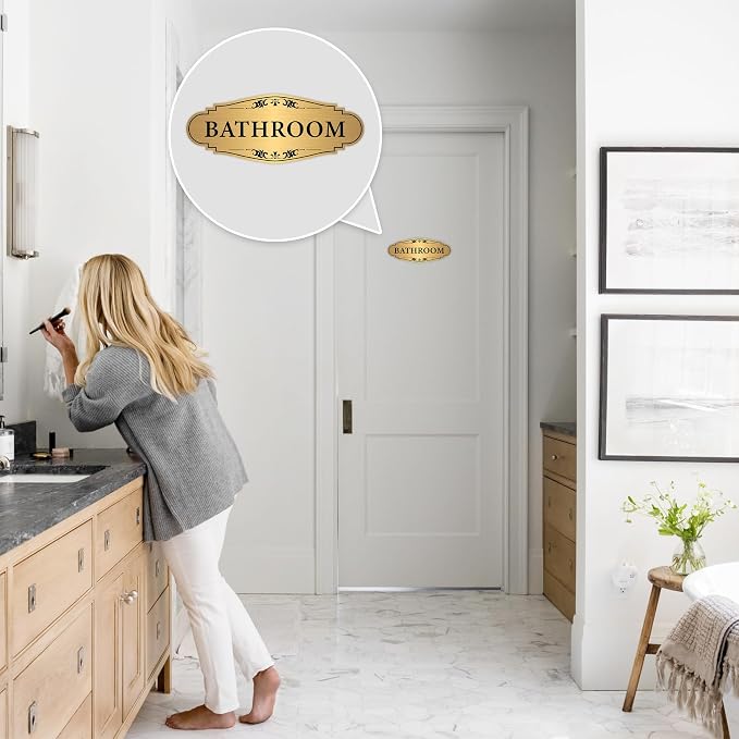 Bathroom Sign Sticker for Business and Home，Self-adhesive Brushed Gold Bathroom Decor for Door，Waterproof Vinyl Restroom Sign for House, Office, Shop - Image 7