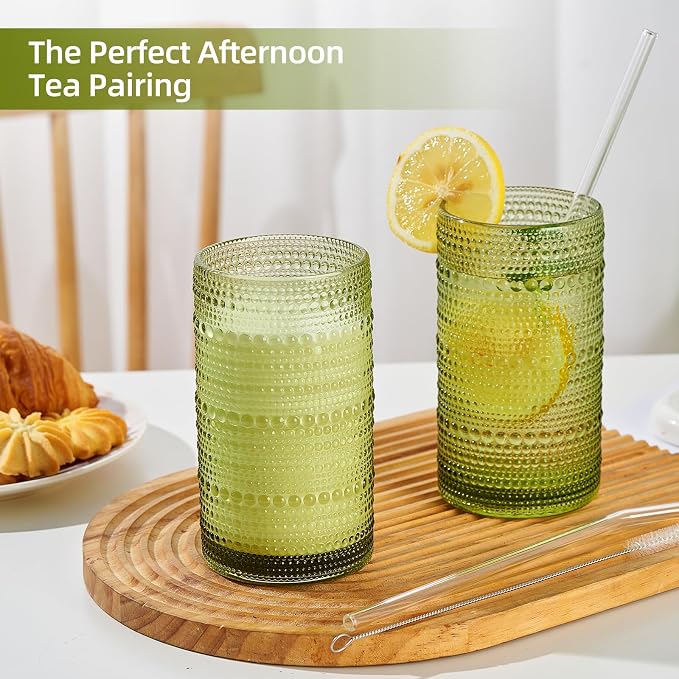 16oz Hobnail Drinking Glasses Set of 12, Vintage Large Capacity Embossed Green Tumblers, Highball Glasses for Water, Cocktail, Beer, Whiskey, Juice & Bar Use - Image 7