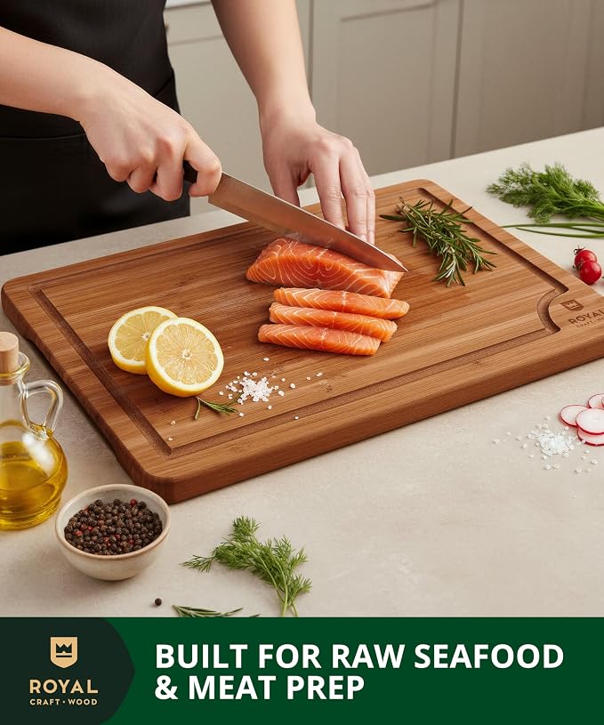 ROYAL CRAFT WOOD Wooden Cutting Boards for Kitchen Meal Prep & Serving - Bamboo Wood Serving Board Set with Deep Juice Groove Side Handles - Charcuterie & Chopping Butcher Block for Meat - Image 9