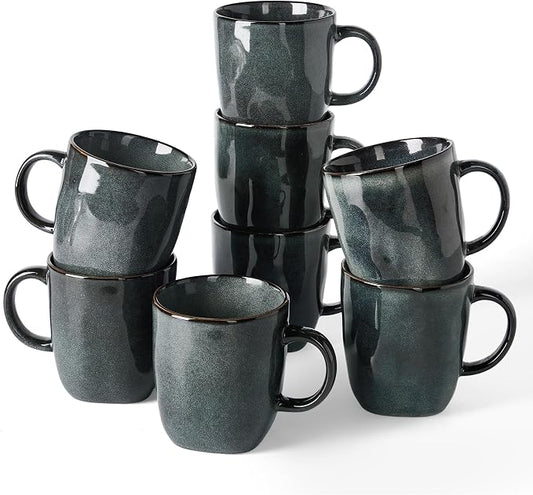 famiware Coffee Mugs Set of 8, Ocean Square 13oz Coffee Cup Set with Handle for Cocoa, Milk, Hot Chocolate, Tea, Water, Stoneware Cups for Kitchen, Microwave and Dishwasher Safe, Deep Forest by Famiware