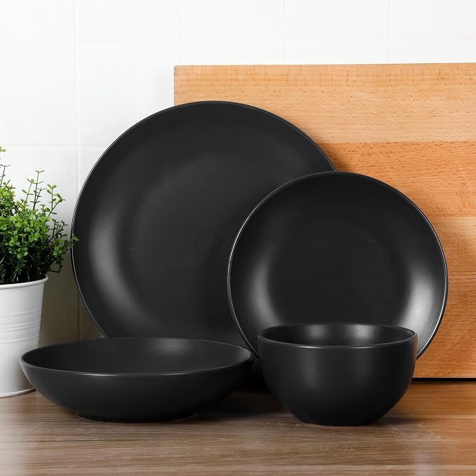 Gibson Home Queenslane 16-Piece Matte Black Stoneware Dinnerware Set – Double Bowl Plates and Bowls, Durable Kitchen Dinner Set - Image 4
