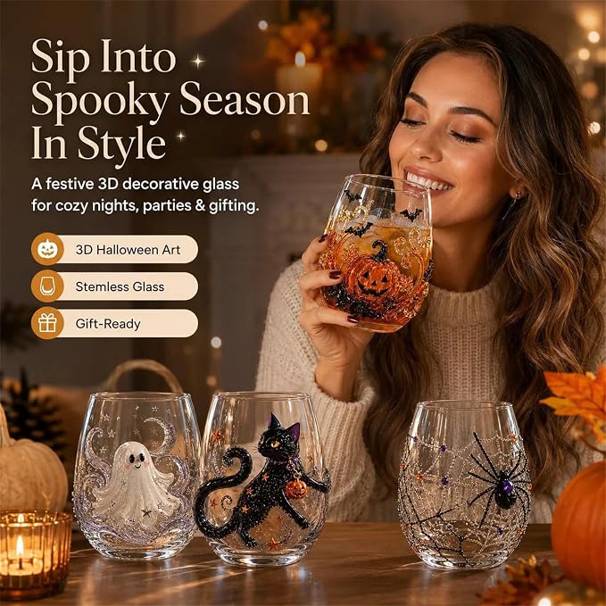 3D Halloween Artisan Glassware Collection, Premium Handleless Glass with Ghost, Pumpkin, Spider & Black Cat Gothic Style Artistic Glass Wine Goblet Designs, for Party & Cozy Fall Home Bar (B) - Image 5