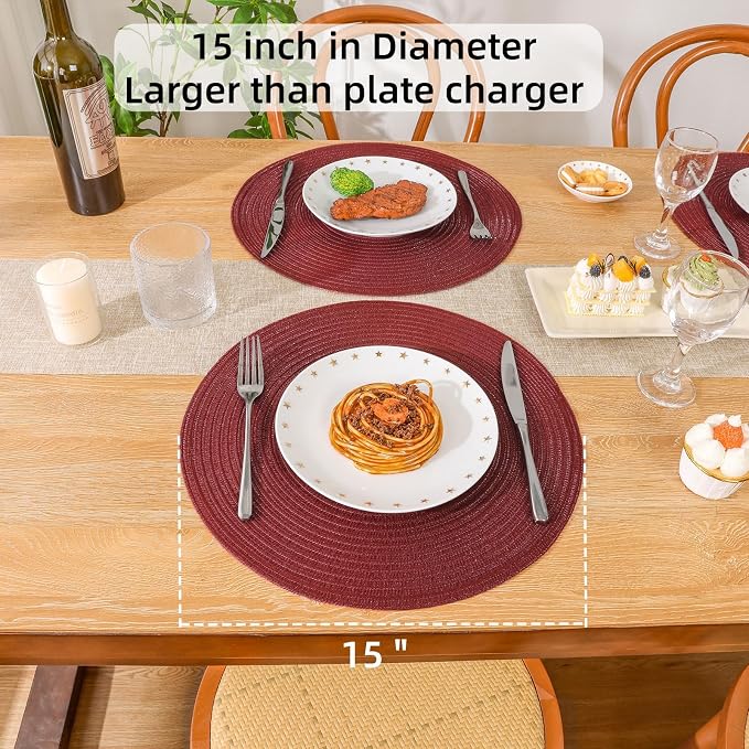 SHACOS Round Placemats Set of 12 for Dining Table 15 inch Round Braided Place Mats Cotton Polyester Washable Non Slip Kitchen Table Mats, Burgundy - Image 4