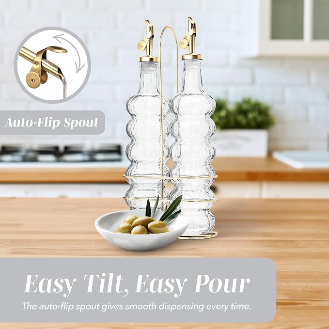 COOK WITH COLOR Glass Olive Oil Bottle Dispenser, Clear, Elegant Waves | 2 Pack, 17oz, Oil and Vinegar Cruet, Olive Oil Carafe Decanter, For Kitchen - Image 5