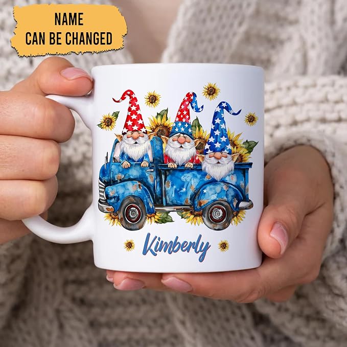 Hyturtle Personalized Gnome Sunflower Coffee Mug, 4th of July Mug | Gifts For Gnome Lovers - Patriotic Gnomes - Gnomies Gifts For Women - Custom Name 11oz White Ceramic Coffee Tea Cup - Image 2