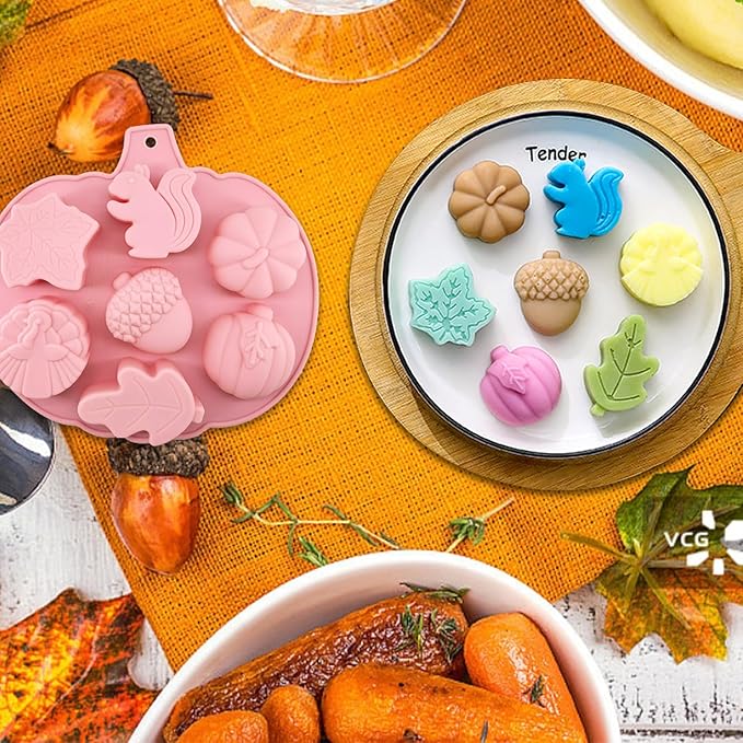 2Pcs 3D Pumpkin Silicone Mold Fall Silicone Mold Halloween Thanksgiving Candy Mold Autumn Maple Leaf Acorn shape Chocolate Candy Cake Pan Baking Tray Molds for Cake Decoration cupcake Topper Resin