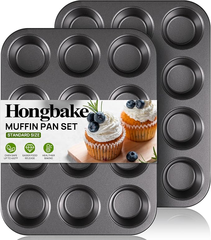 Muffin Pan for Baking, Nonstick Cupcake Tin 12 Cup, 2 Pack Cup Cake Tray, Premium Cheesecake Pans, Dishwasher Safe - Dark Grey by HONGBAKE