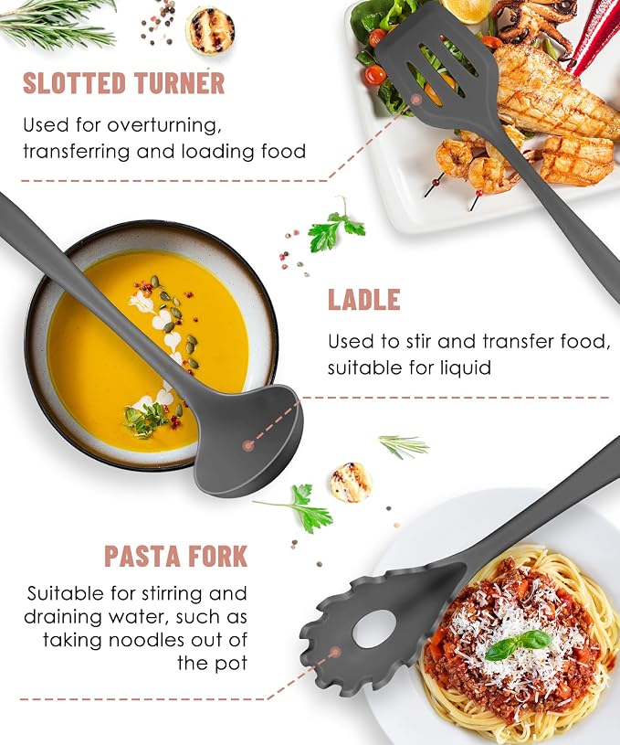 Gray Kitchen Utensils Set-12 Pieces Silicone Cooking Utensils Set | Dishwasher Safe 392°F Heat Resistant Spatula Set Kitchen Utensil Set for Nonstick Cookware,Best Kitchen Tools with Holder - Image 6