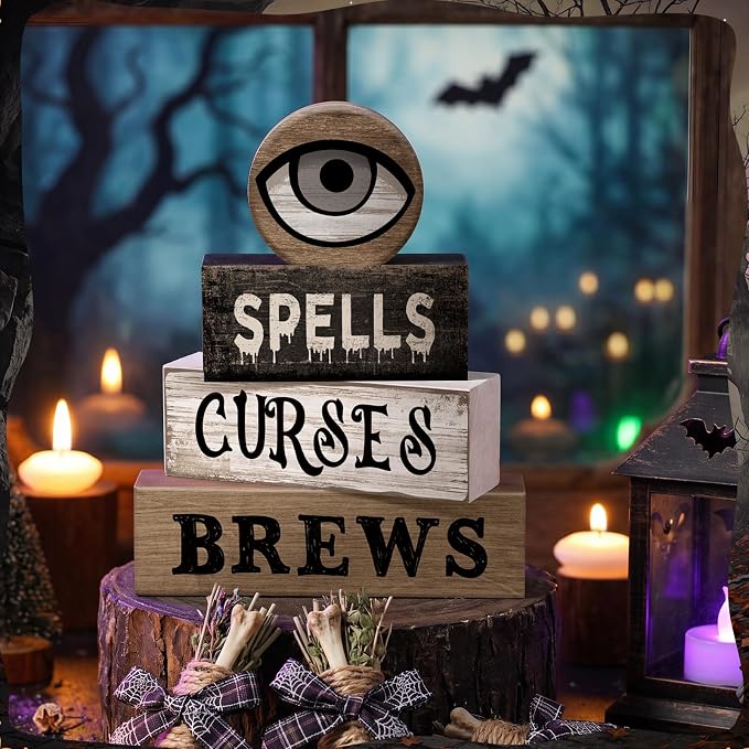 Moucuny 4 Pcs Halloween Table Decor Witchy Wooden Stacked Block Decor, "Spells Curses Brews" Signs with Eyeball Topper, Rustic Gothic Halloween Tiered Tray Decoration for Home Office Kitchen Shelf - Image 7