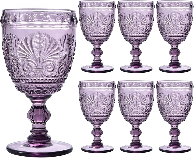 6 Pcs Purple Wine Glasses,Goblet Glasses,Vintage Glassware, Made of Sturdy and Durable Glass Can be Used for Weddings, Everyday Fun Parties and More! by CHICERA