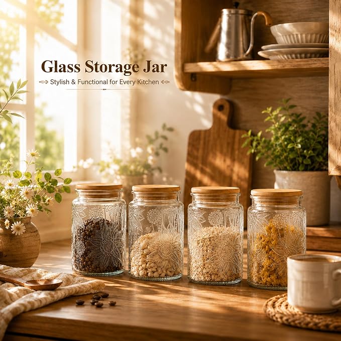 Vintage Glass Jar with Bamboo Lid, 23.7 FL oz - Airtight Decorative Food Storage Canisters for Kitchen Counter, Ideal for Candy, Sugar, Coffee, Cookies (Sunflower*2) - Image 8