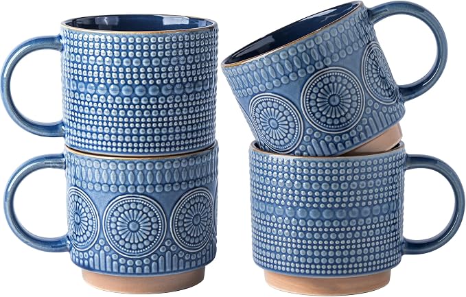 GBhome 16OZ Stackable Coffee Mugs, Ceramic Coffee Mugs with Texture Patterns for Man,Woman,Dad,Mom, Modern Coffee Mugs Set of 4 for Latte/Cappuccino/Cocoa. Dishwasher&Microwave Safe by GBhome