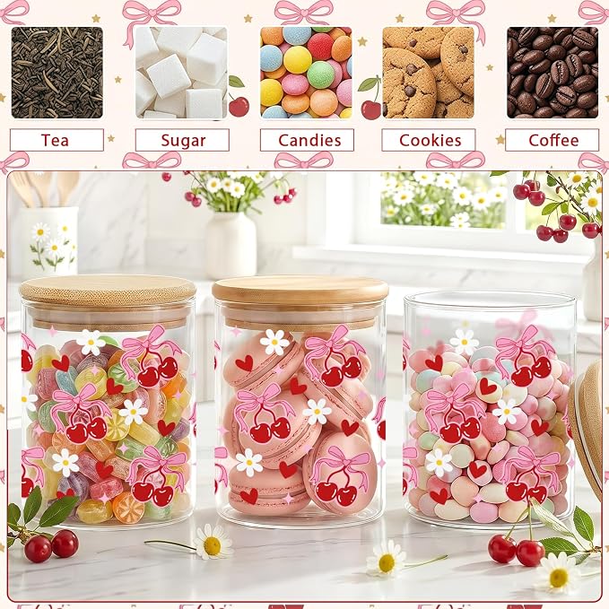 Pink Cherry Glass Storage Jars with Lids, Candy Cookie Jars, 3 Pcs | Pink Cherry Candy Cookie Jars Gift Bow Coquette Kitchen Decor Canister Cute Kitchen Containers Gifts for Sugar - Image 6