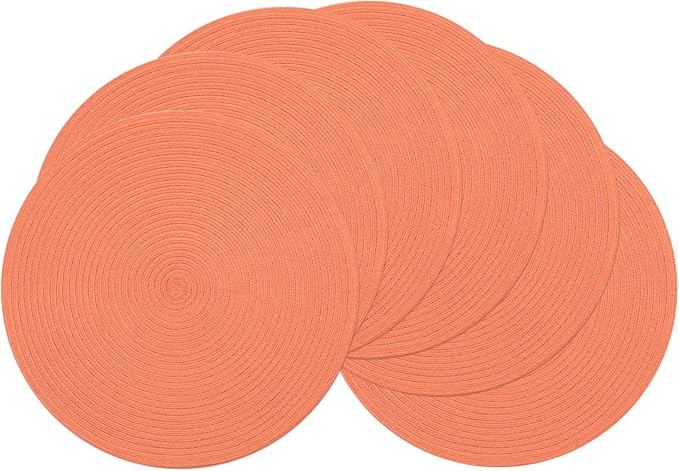 SHACOS Round Braided Placemats Set of 6 Washable Cotton Polyester Round Placemats for Kitchen Table 15 inch Round Table Mats (Coral, 6) by SHACOS