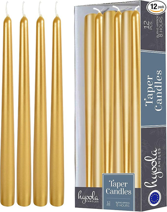 Hyoola Tall Taper Candles - 10 Inch Metallic Gold Dripless, Unscented Dinner Candle - Paraffin Wax with Cotton Wicks - 8 Hour Burn Time (Pack of 12) by Hyoola