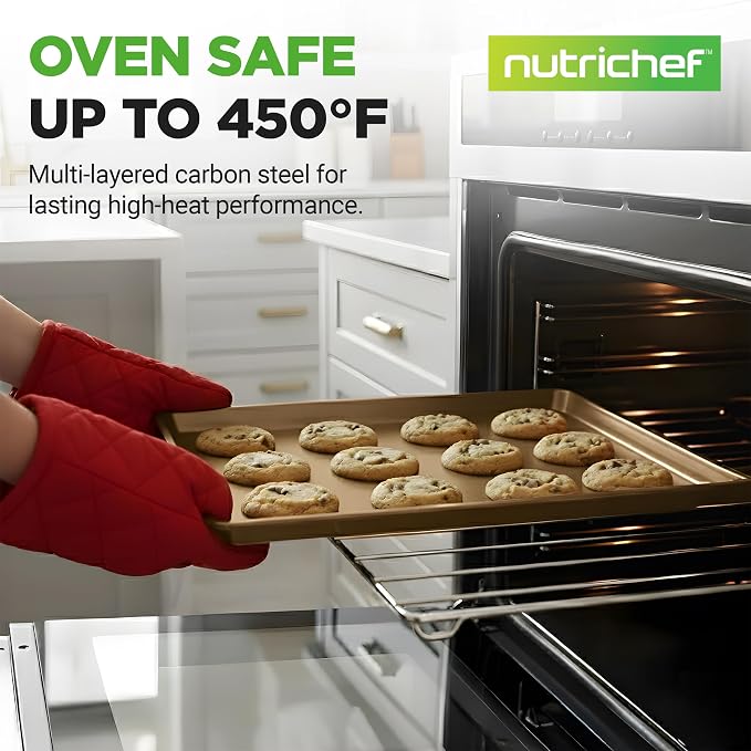 NutriChef Nonstick XL Cookie Sheet Baking Pan, Extra Large 22 Inch x 16 Inch, Carbon Steel Oven Baking Sheet for Cookies & Pastries, Gold - NCLG1GD - Image 2