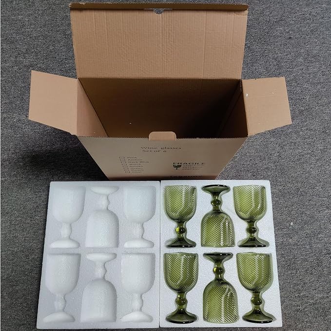 Taganov Green Glasses Drinking Wine Water Goblets Glassware set of 6 Vintage Stem Glasses Stemware 12 Ounces for Wedding Party Bar Twill Pattern Striped 350 ml - Image 6