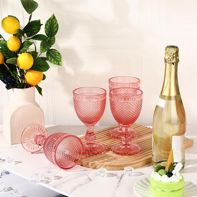 Bokon 6 Pack Pink Glass Goblets Set 10 oz High Clear Wine Glass Vintage Water Goblets Cups Embossed Diamond Design Glassware with Stem for Drinking Juice Liquor Party Wedding Bar - Image 4
