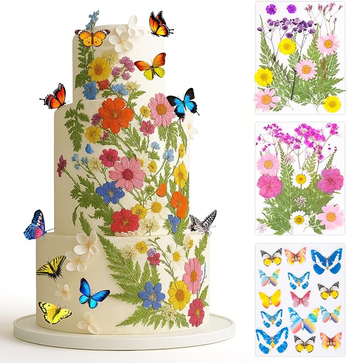 50 Pcs 10 Kinds Real Natural Edible Wildflower & Edible Butterflies | Wedding Cake Toppers, Edible Cake Decorations for Birthday, Cake Decorating Kit for Wedding by rylenor