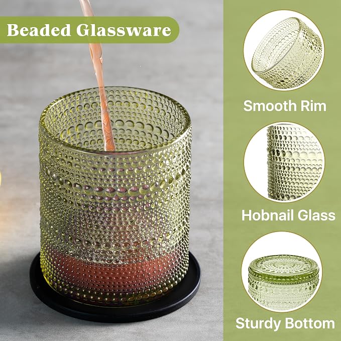 Hobnail Drinking Glasses Set of 12 with 6 Coasters, Green | 6 Highball Glasses (14.5 oz), 6 Old Fashioned Glasses (10 oz) and 6 Silicone Coasters for Water, Whiskey and Cocktails - Image 5