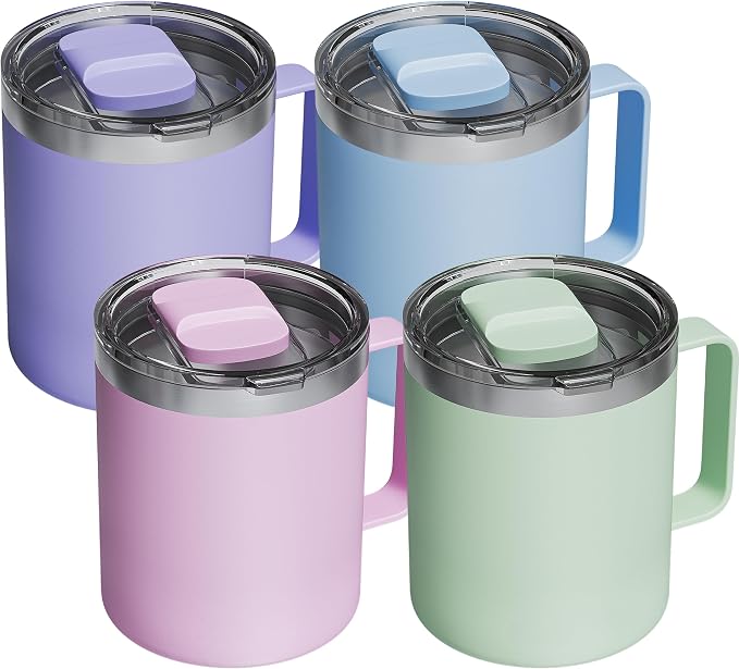 4 Pack 12oz Insulated Coffee Mug with Lid – Double Wall Stainless Steel Travel Cups with Handle, Keep Hot & Cold Drinks, Ideal Gift for Coffee Lovers, Office & Camping, Light (Assort colors) by avodvo