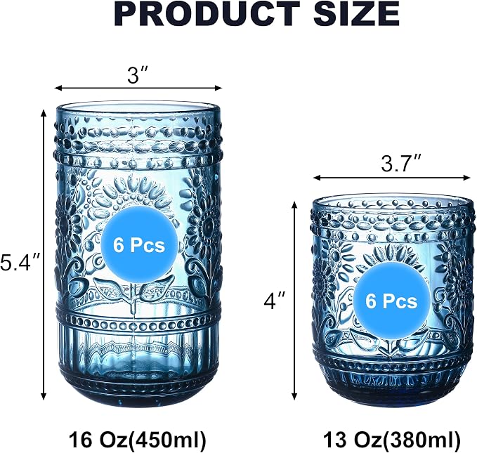 Blue Drinking Glasses Set of 12, 16 Oz Highball & 13 Oz Cocktail Glasses, Blue Kitchen Vintage Glassware Set, Floral Embossed Glass Tumbler Cups for Juice, Beer, Water, Whiskey, Coffee - Image 4