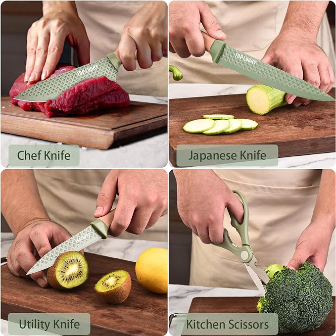 Kitchen Knife Set, Retrosohoo 6-Pieces Green Sharp Knife Set for Kitchen, Non-stick Non-slip Stainless Steel Chef Knife Set with Universal Knife Block Suitable for Home Restaurant (Green) - Image 5