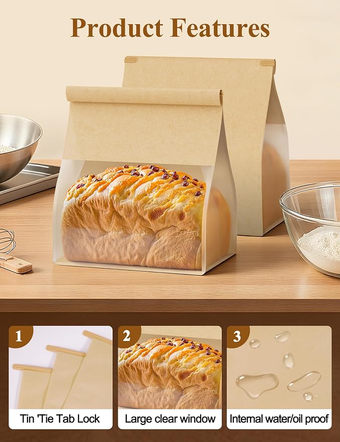 FireKylin Bread Cookie Bags with Window & Tin Tie,3.9x3.1x8.2 (100,Small) | Food Safe Brown Paper, Clear Window, Reusable Tin Tie, for Homemade Bread, Cookies, Muffins, Pastry, Candy, Party Favor - Image 3