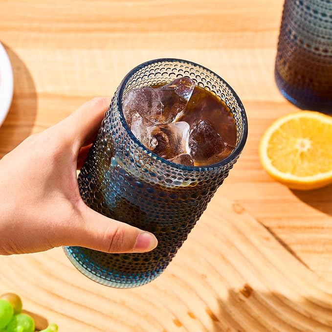 16oz Hobnail Drinking Glasses, Set of 6 Blue Tumblers | Vintage embossed large capacity highball glasses for water, cocktail, beer, whiskey, juice and bar use - Image 7