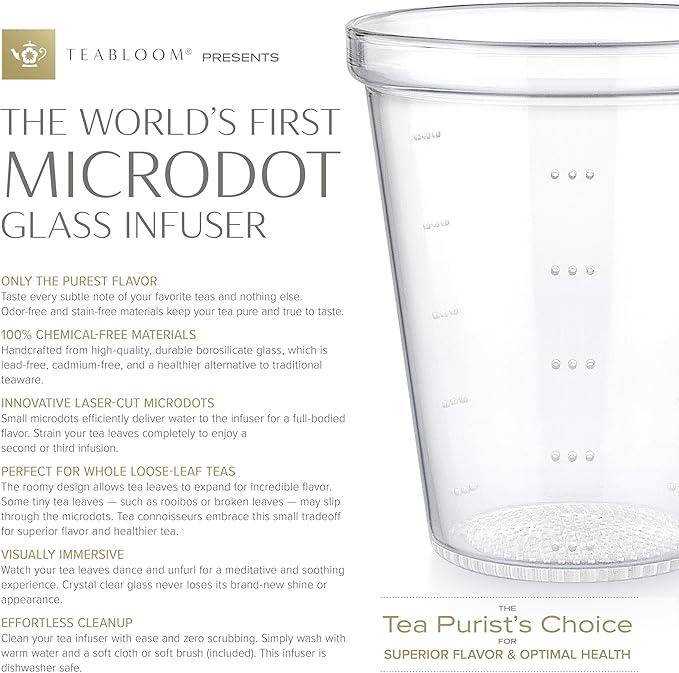 Teabloom Loose Tea Microdot Glass Mug with Lid – 12oz Single-Serve Borosilicate Glass Cup with Infuser for Hot and Cold Beverages