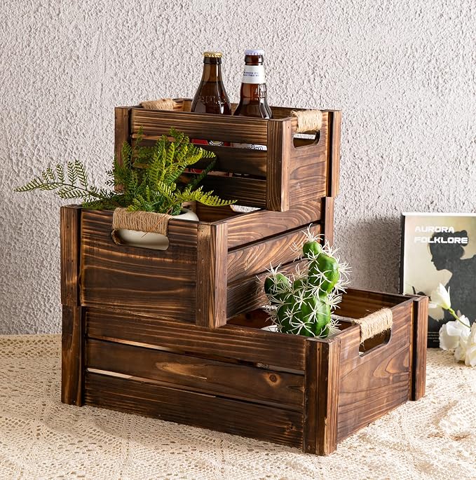 TIMRIS Set of 3 Rustic Wood Nesting Crates, Farmhouse Wooden Storage Container Boxes with Cutout Handles, Decorative Wooden Baskets for Display (Rustic Brown) - Image 8