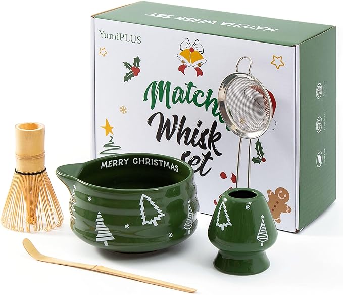 5pcs Premium Matcha Set,Ceramic Bowl with Spout and Bamboo Whisk set, Ceremonical Matcha Kit for holiday,Tea Starter Making Kit,Christmas Matcha Gift set (Christmas Tree)